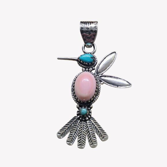 Southwest Hummingbird Pendant Pink Conch Shell Turquoise Sterling Silver 2.5" - Picture 2 of 6